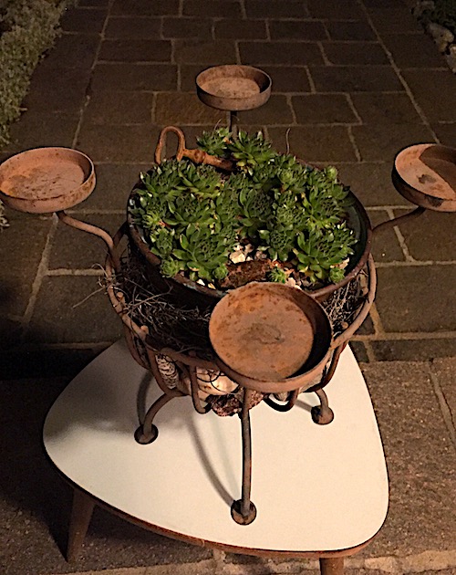 Retro im Garten - mit Hauswurz bestückter verrosteter Teelichthalter